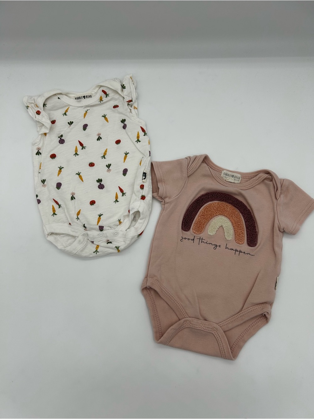 Rabbit + Bear Veggies Onesie & Dusty Pink Rainbow Onesie (Set of 2) Size 3-6 M